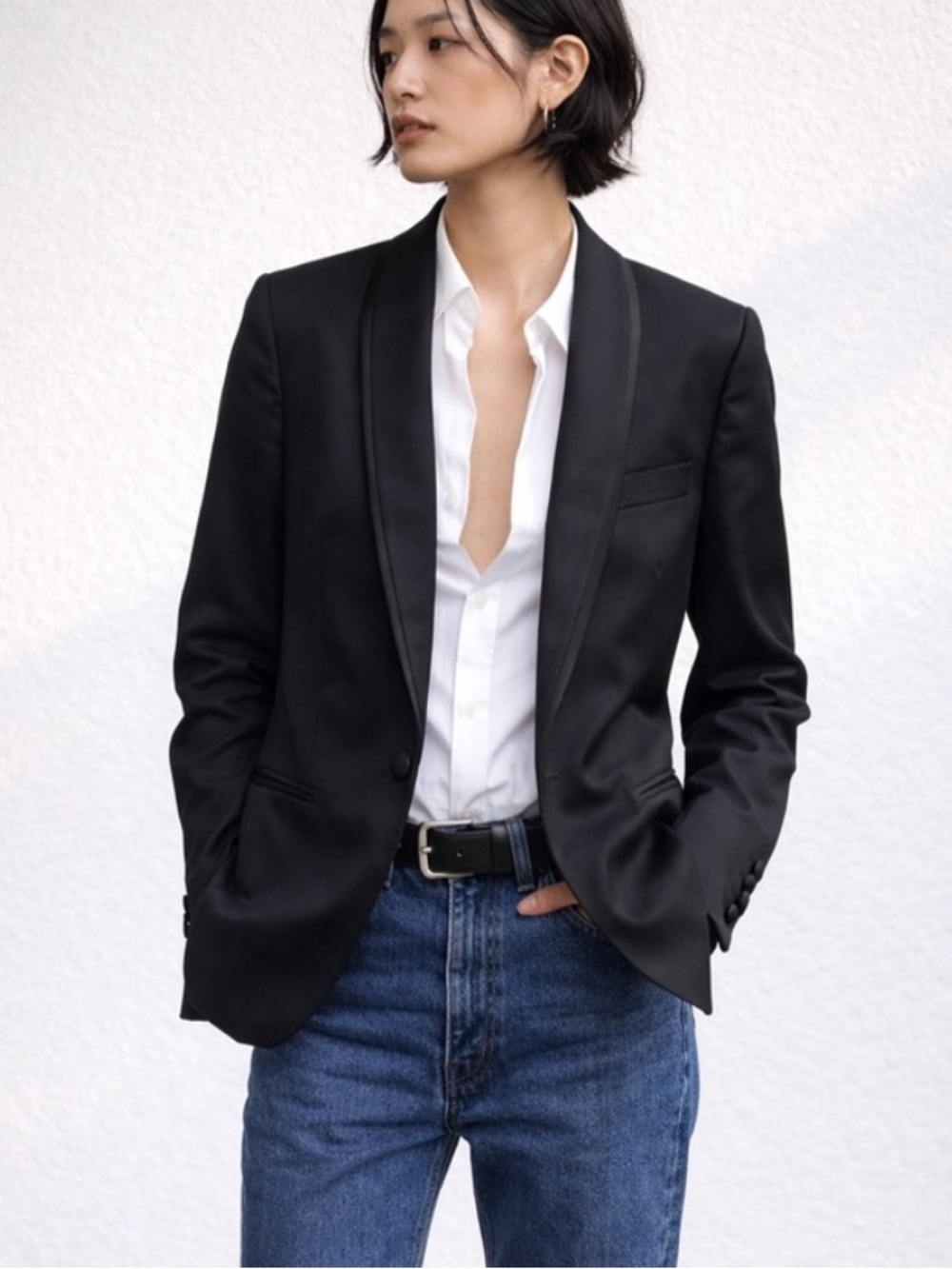 5CM Wool Blend Satin Shawl Lapel Tuxedo Blazer Size 4